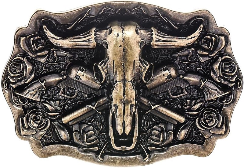 YOQUCOL American Western Cowboy Belt Buckle Bronze Longhorn Bull Head Belt Buckle For Men - Image 1